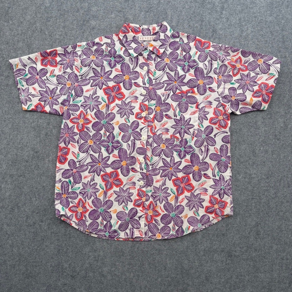VENEZIA Men's Casual Button-Up Shirt White Purple Floral Size 14/16 Cotton Blend